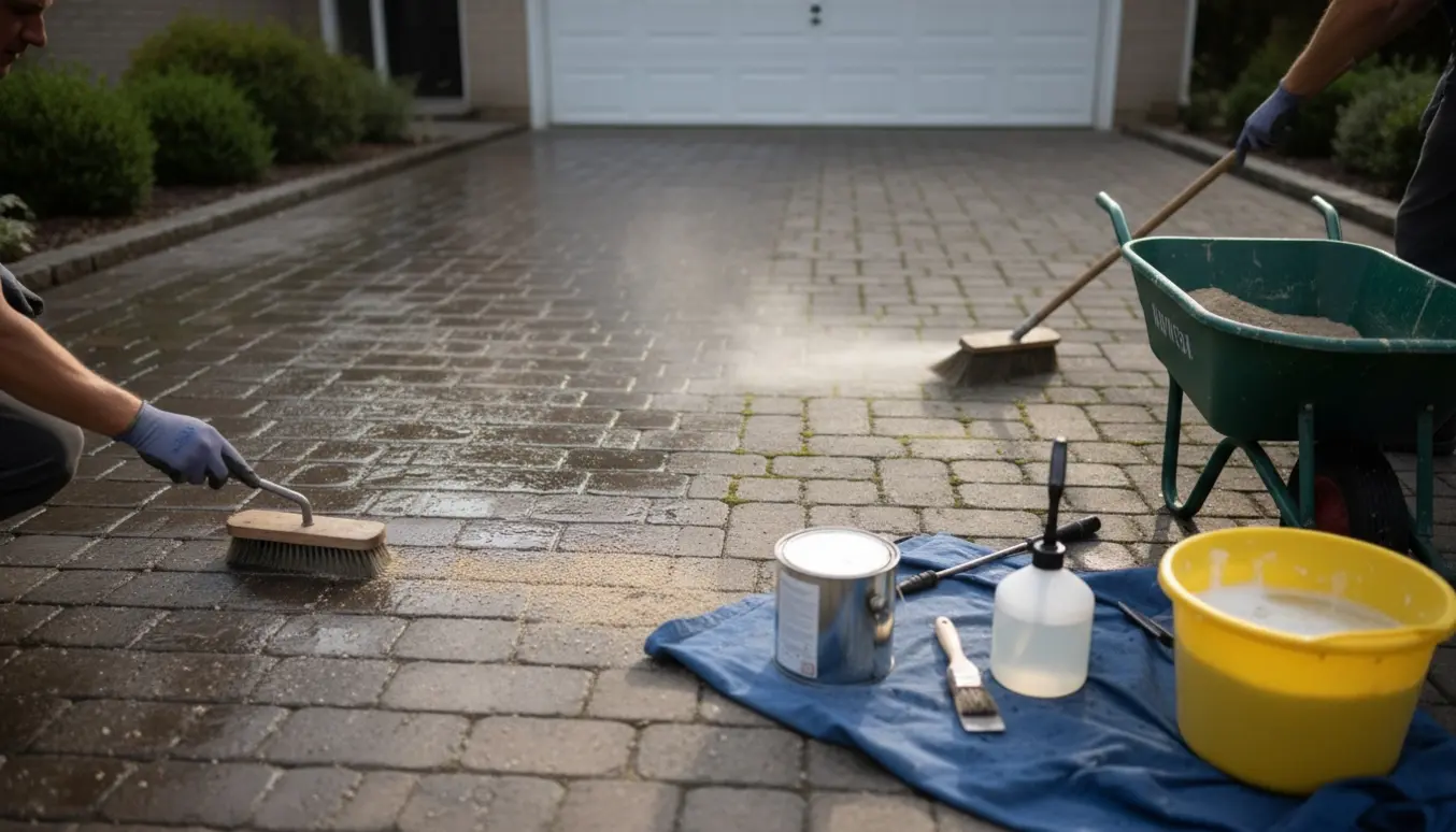 Rensning og imprægnering af fliser i en indkørsel med sand, børste og værktøj synligt.