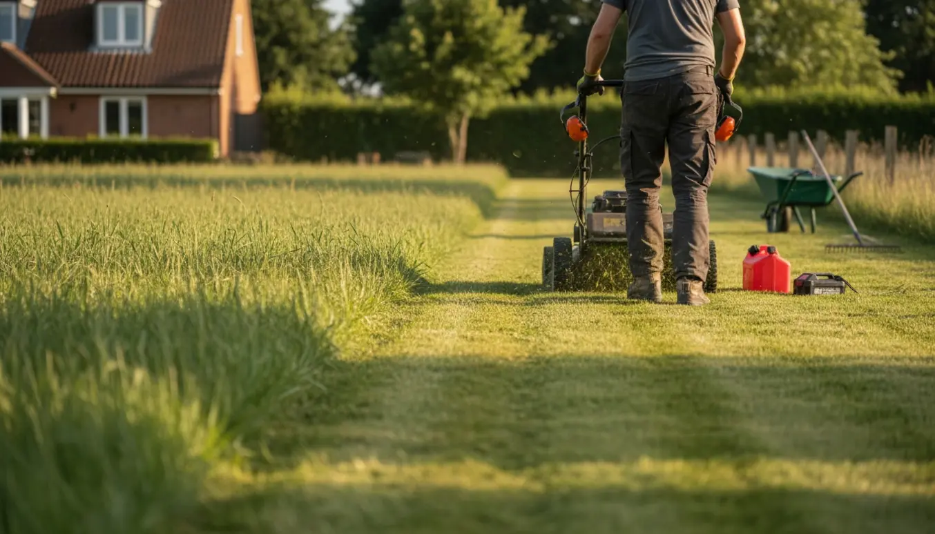 Lang, tæt græs bliver slået med en gående plæneklipper på en stor plæne, vist bagfra uden ansigt.