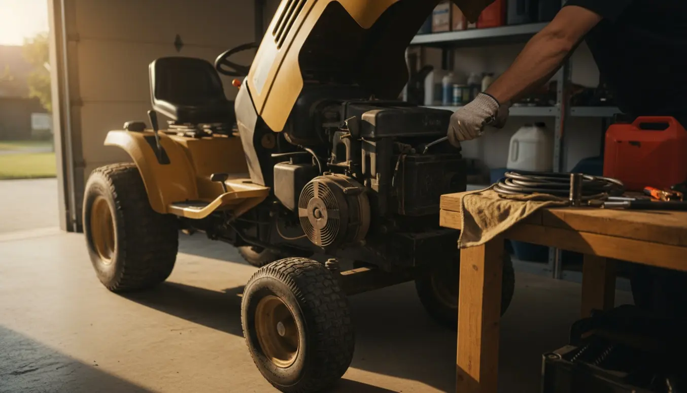 Åben havetraktor med motorhjelm løftet og hænder, der arbejder på batteri og værktøj i en garage.