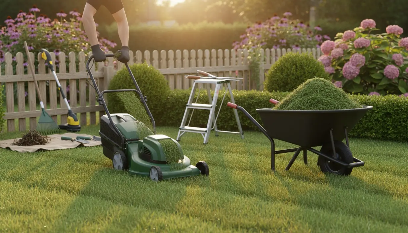 Gloved hænder slår græs med klipper, hæk er delvist beskåret, og redskaber og en trillebør med afklip står klar i en velholdt have.