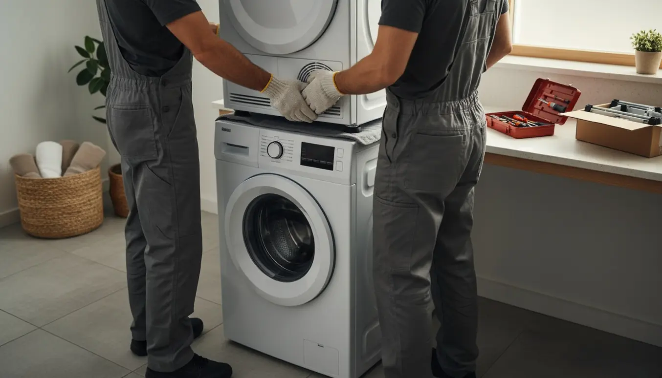 To personer løfter en tørretumbler op på en vaskemaskine i et lyst, moderne vaskerum.