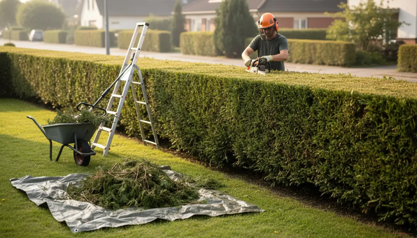 En lang thuja-hæk bliver beskåret med motorsav og afklip samlet i en trillebør på græsset.