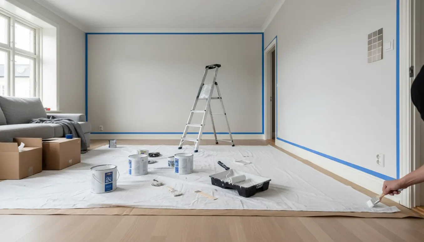 Nyrenoveret flyttelejlighed med nymalede vægge og træværk, maleredskaber og beskyttelsesdug i naturligt dagslys.