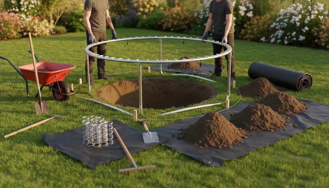 Hul til nedgravet trampolin i haven med værktøj og jordbunker ved siden af.