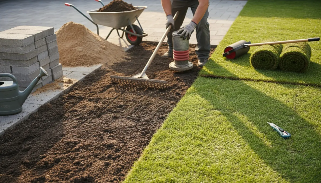 Et fliseområde med stakkede fliser, klargjort jord og rullegræs ved at blive lagt.
