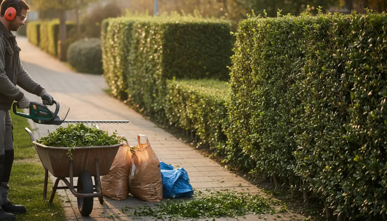 Gartner trimmer en lang ligusterhæk langs en sti, med afklip samlet i trillebør og poser klar til bortskaffelse.