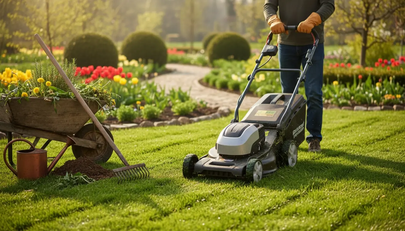 Plæneklipper i arbejde i en forårshave med nyslået græs og haveredskaber i baggrunden.
