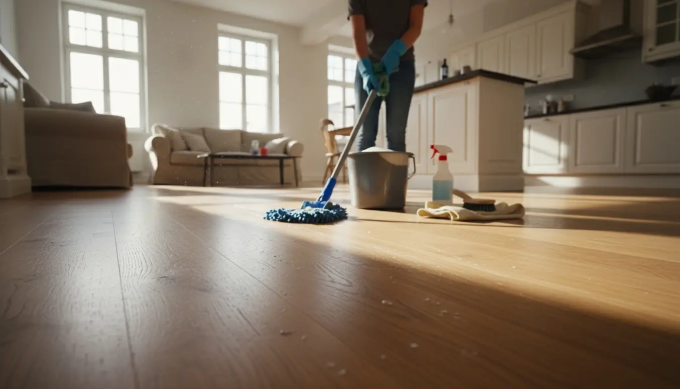Hænder vasker et slidt egetræsgulv i en lys entre og stue med moppe og spand synlige.