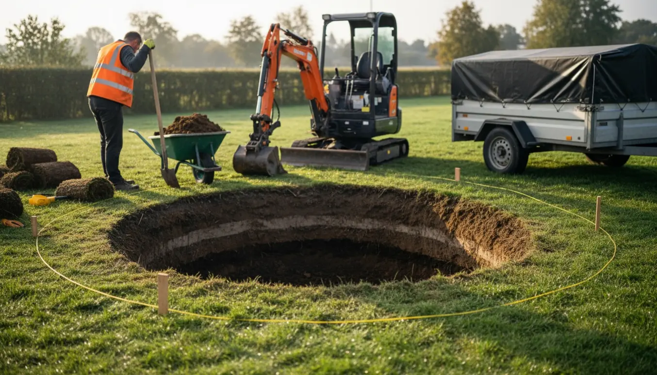 Udgravning i haven til en nedgravet trampolin med minigraver, skovl og jordbunker.