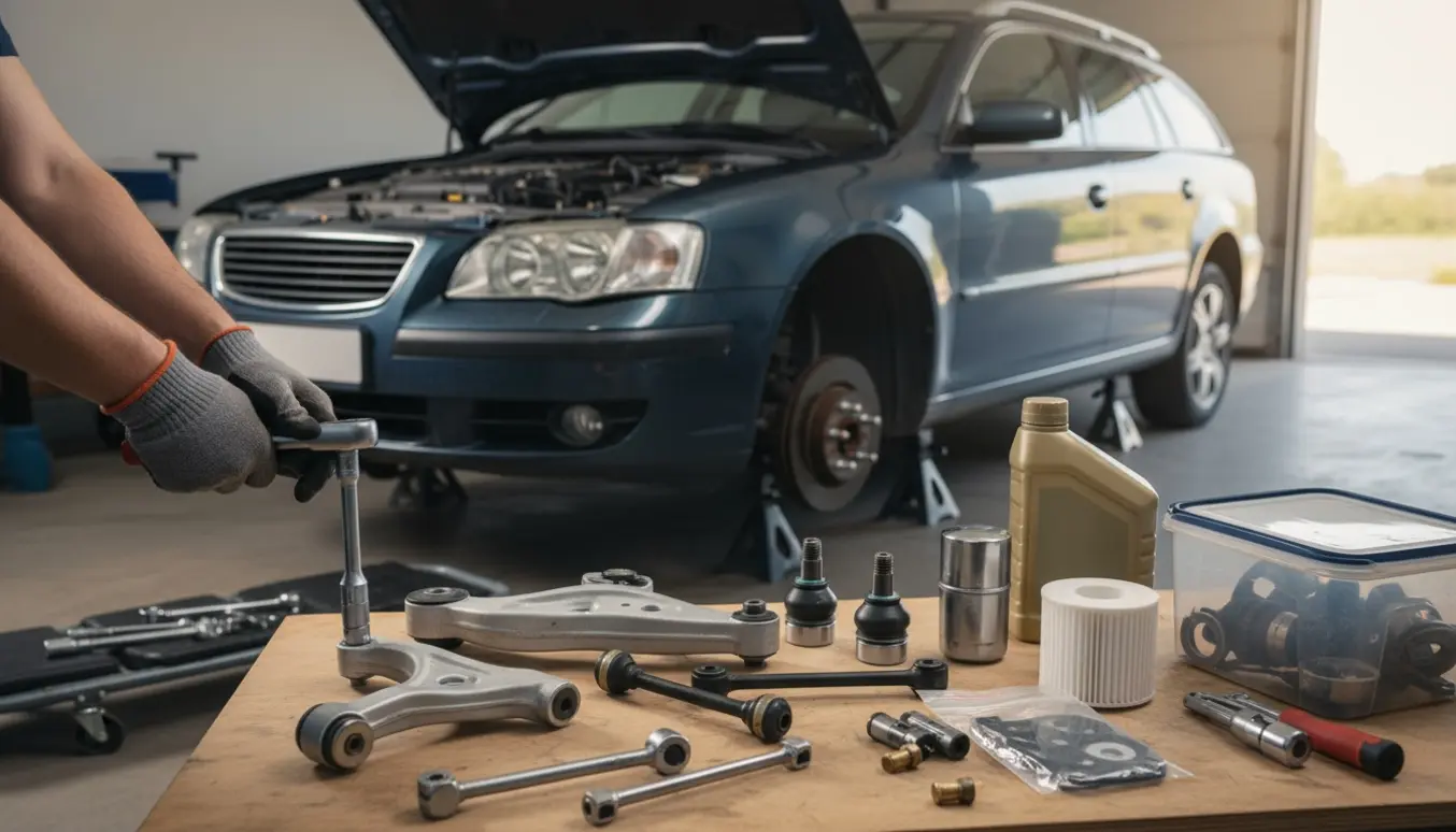 Åben garage med bil på donkraft, demonterede dele og hænder, der monterer nye styre- og motorkomponenter.