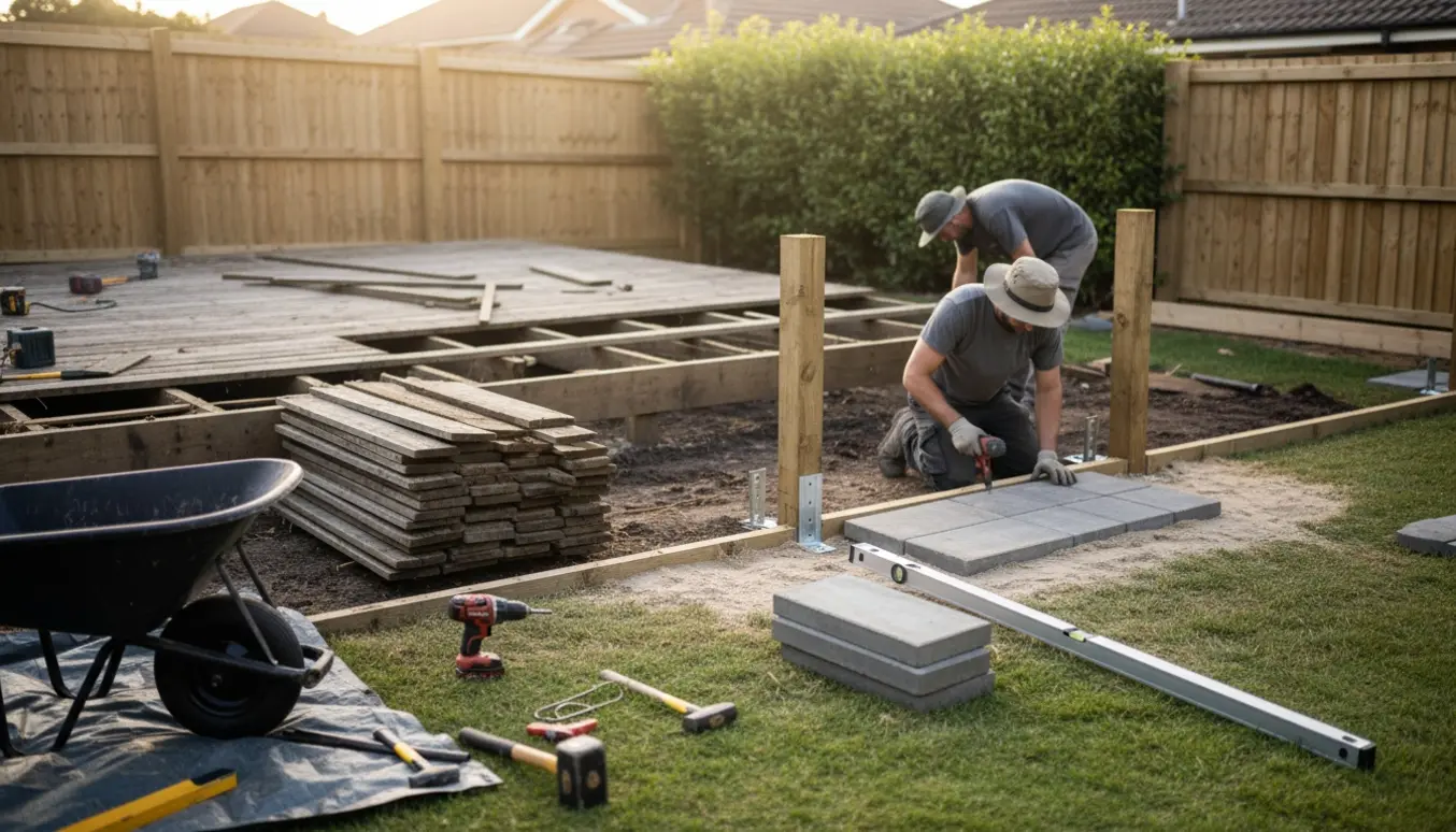 Have under renovering med delvist fjernet terrasse, nye hegnsstolper og fliser under lægning.