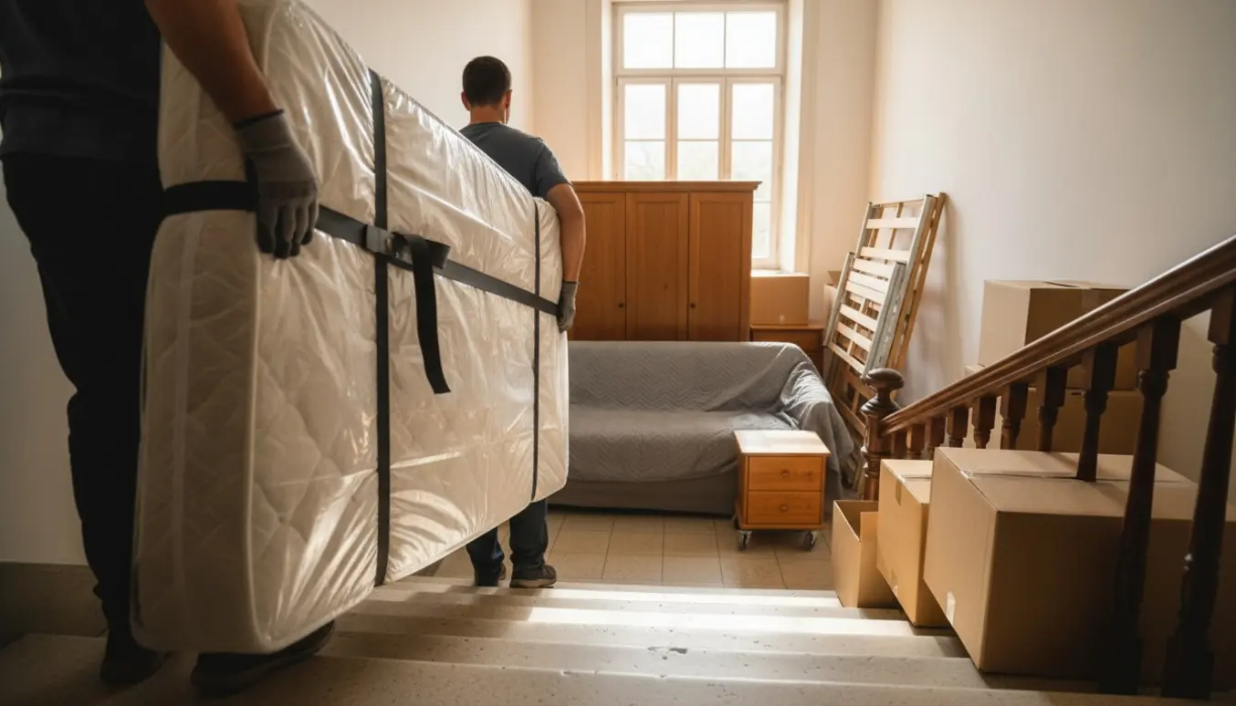To personer bærer en stor madras op ad en lys trappeopgang med stabler af flyttekasser og møbler på landingen.