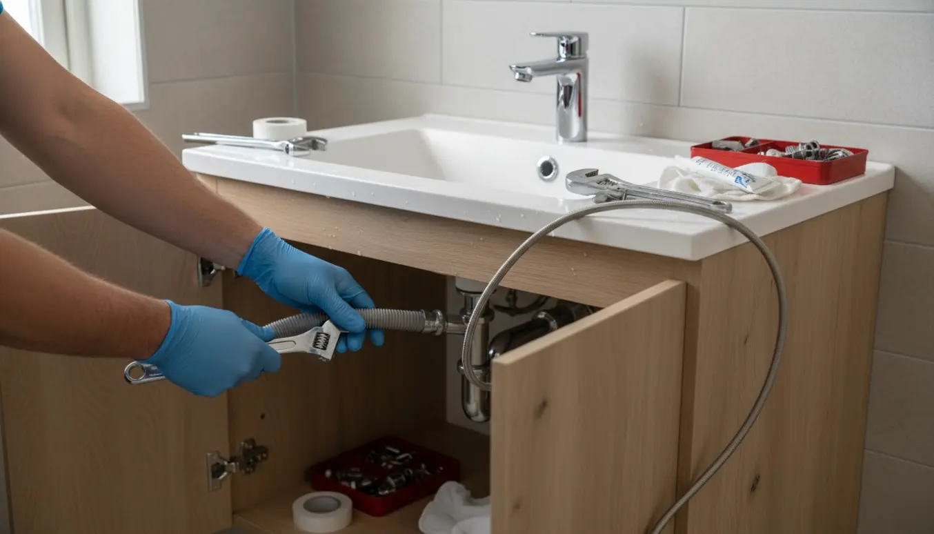 Nærbillede af montering af underskab og håndvask med hænder, der tilslutter afløbsslange under naturligt lys.