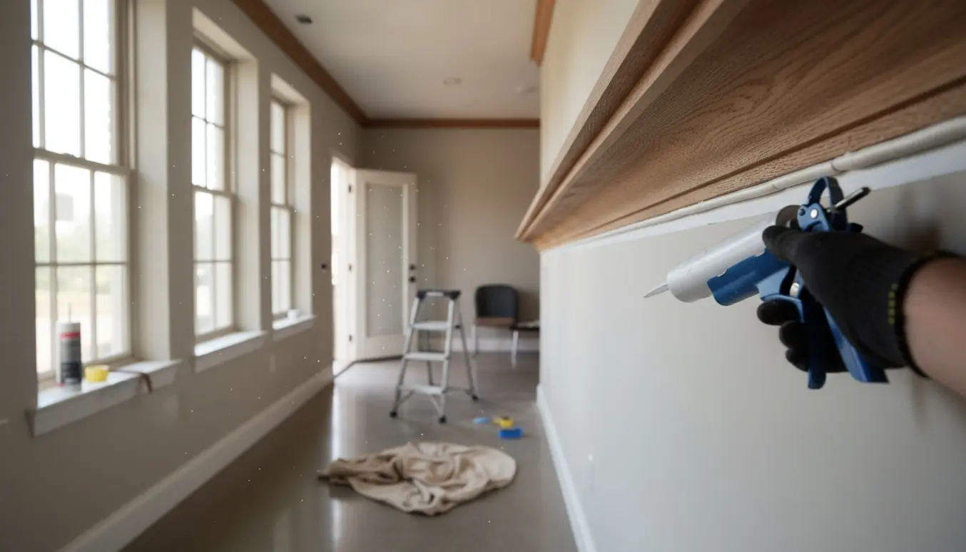 Nærbillede af fugearbejde omkring vindueslysninger og skyggelister med masking-tape og fugepistol i et lyst indgangsparti.