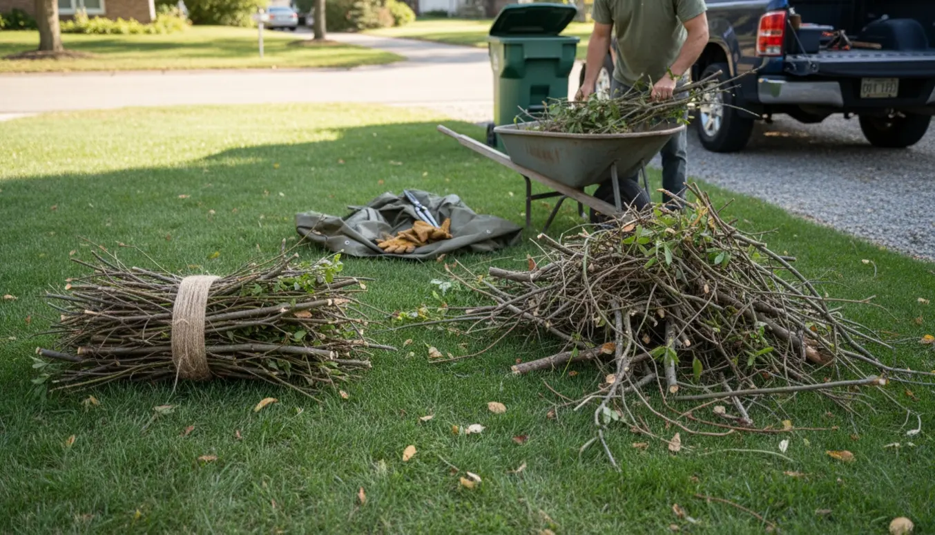 To bunker med beskårne grene ved indkørsel, trillebør og haveredskaber, ingen ansigter synlige.