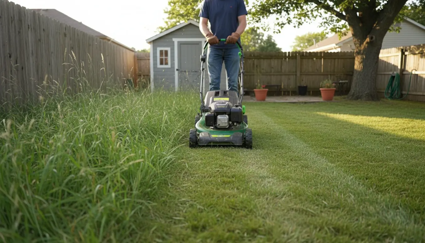 Baghave med højt græs, hvor en person fra siden slår plænen, og en tydelig friskklippet stribe viser før/efter.