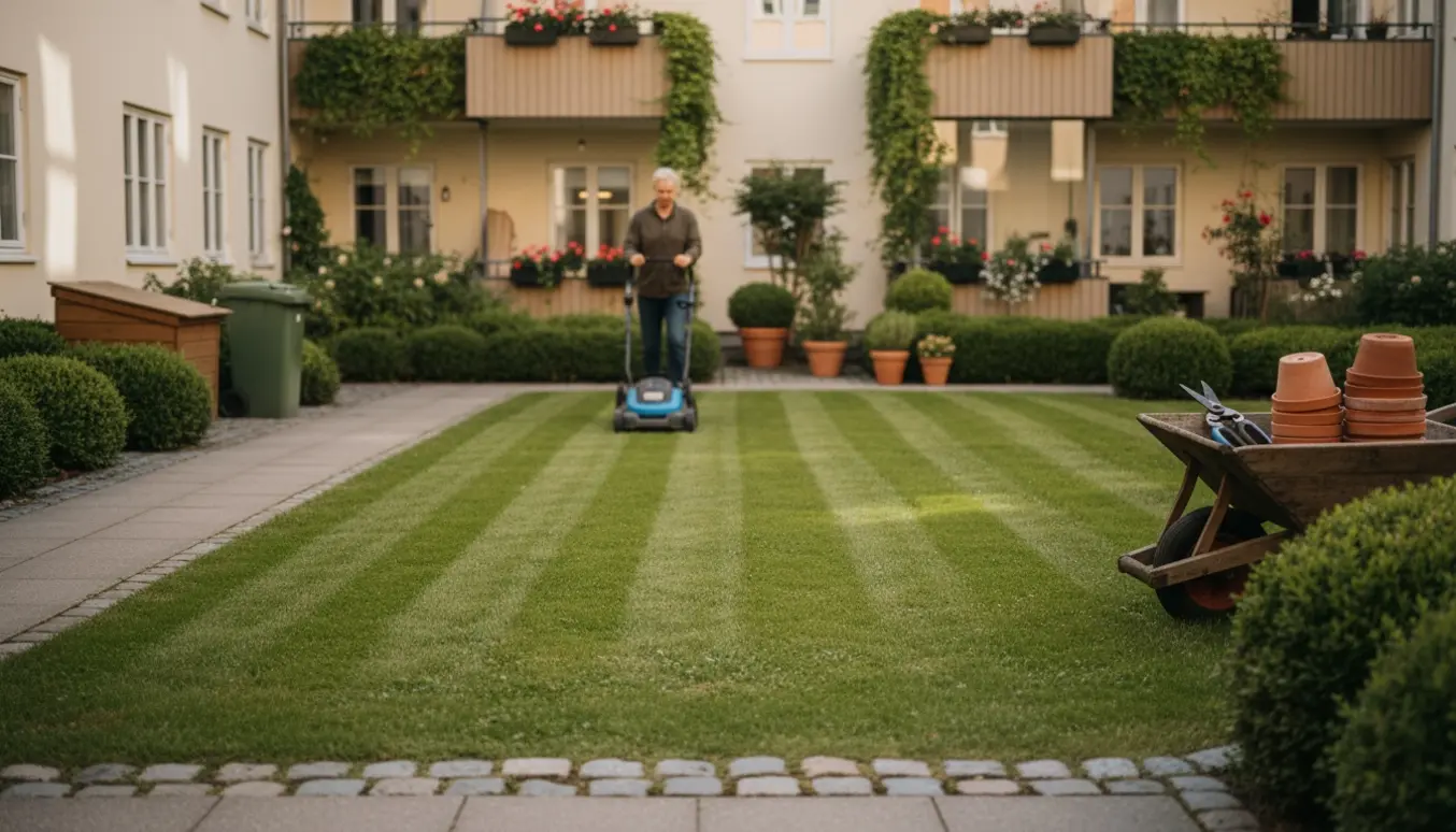 Lille velplejet græsplæne ved en lejlighedsbygning på Amager efter ugentlig græsslåning med plæneklipper og trimmede kanter.