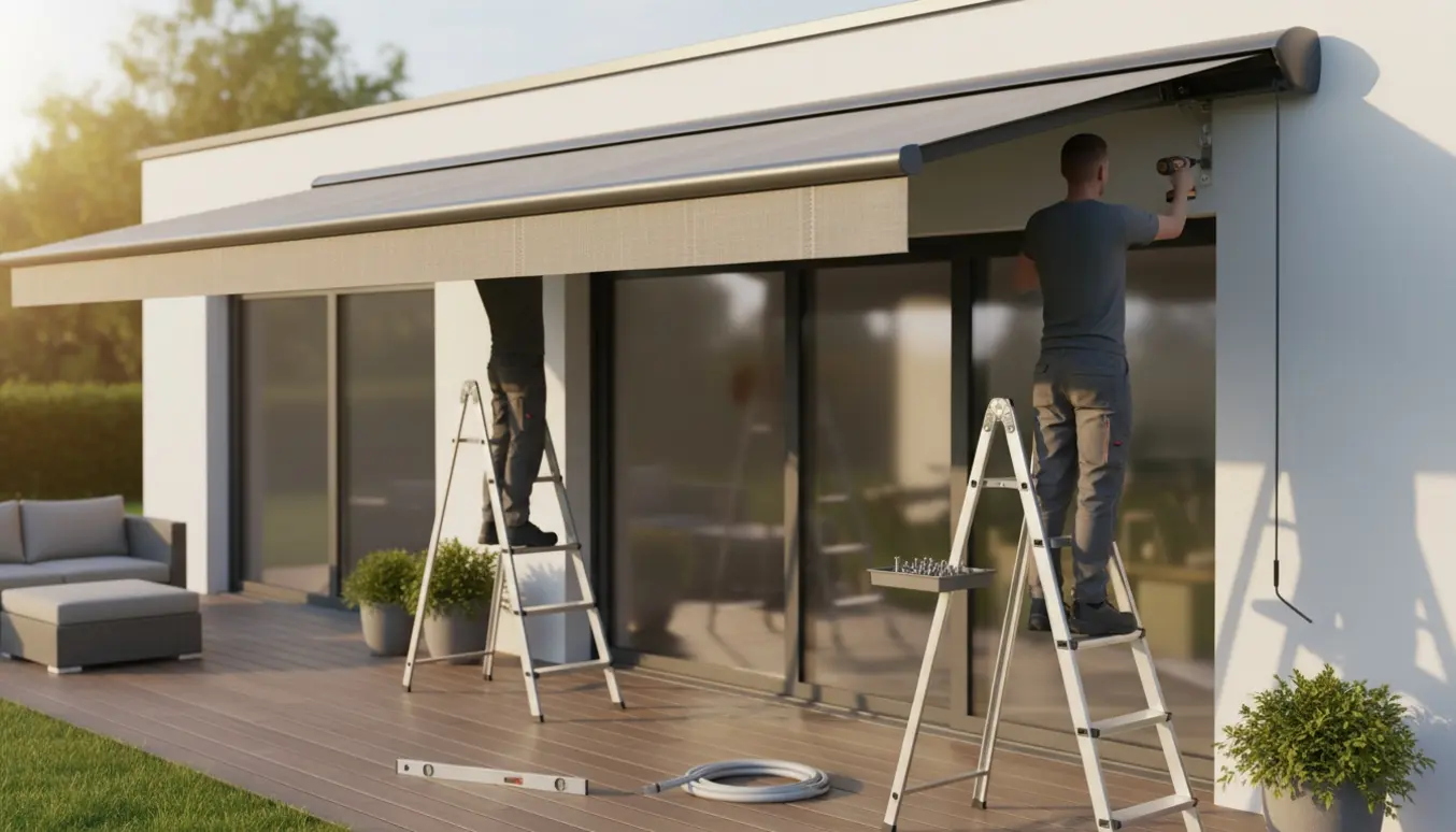 To håndværkere monterer en bred elektrisk markise over en moderne terrasse.