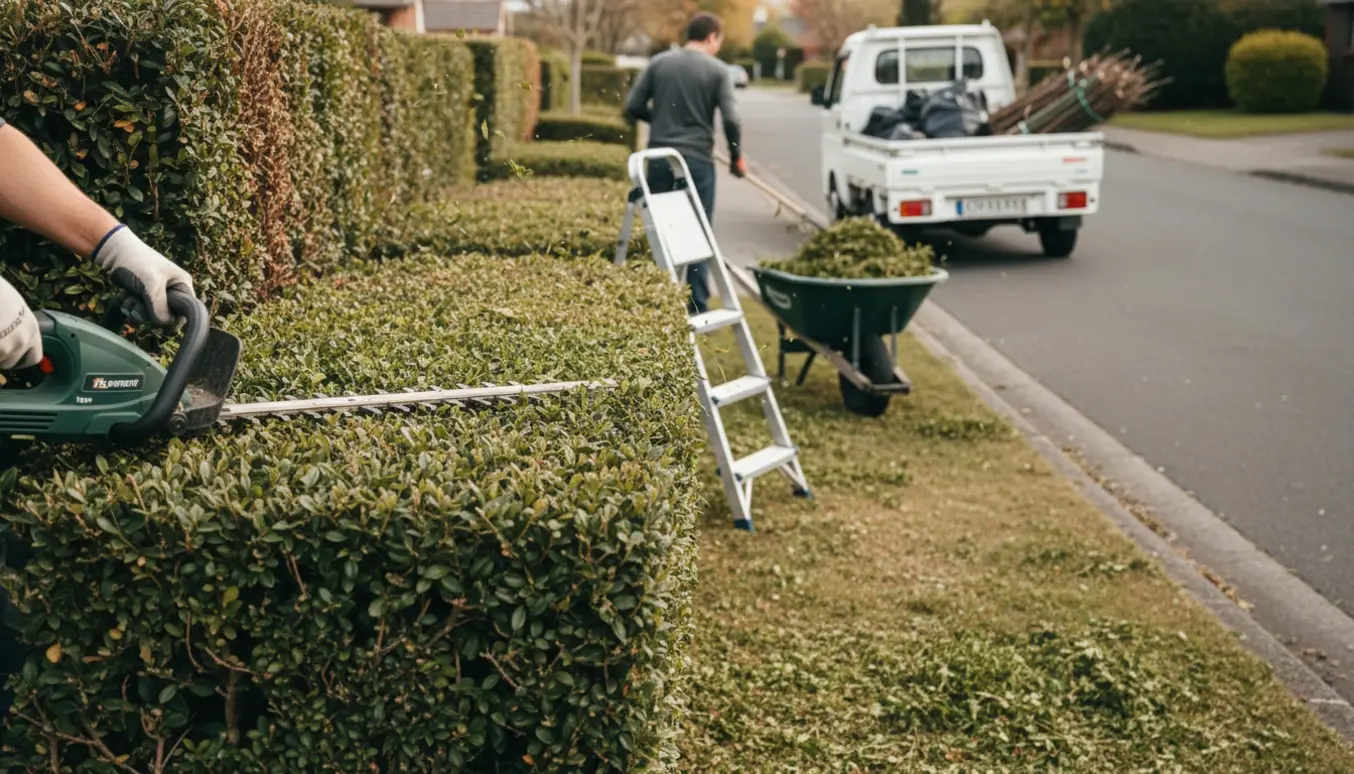 Hække bliver klippet ved fortovet, afklip samles i trillebør og læsses på trailer.