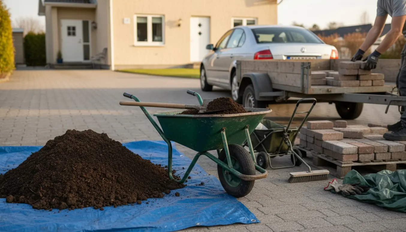 Trillebør og trailer læsset med jord og herregårdssten ved indkørsel klar til bortkørsel.