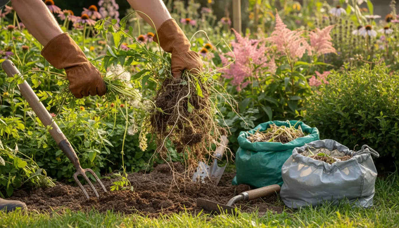 Hænder i handsker trækker ukrudt op af et tæt overgroet bed med sække fyldt med ukrudt ved kanten.