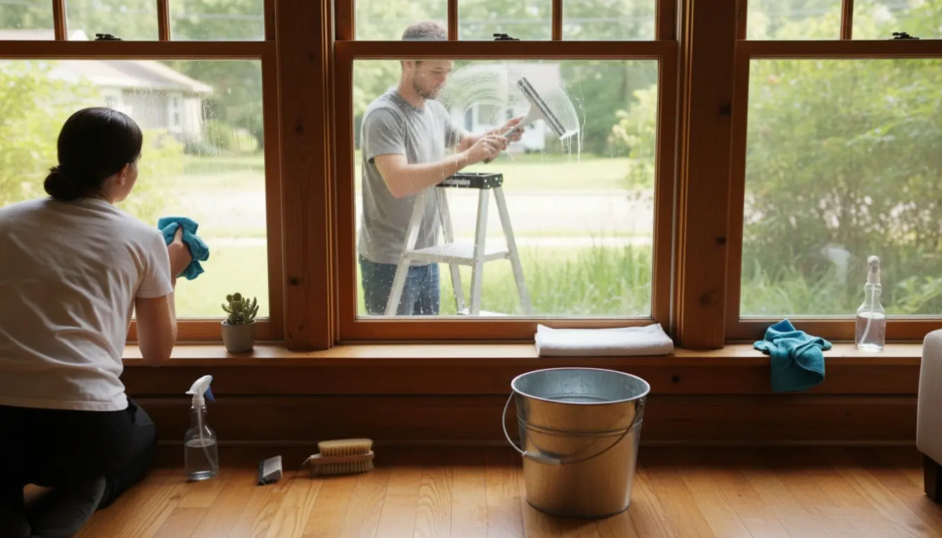 Stuevinduer i trærammer med stige, spand og hænder, der pudser vinduer indvendigt og udvendigt.