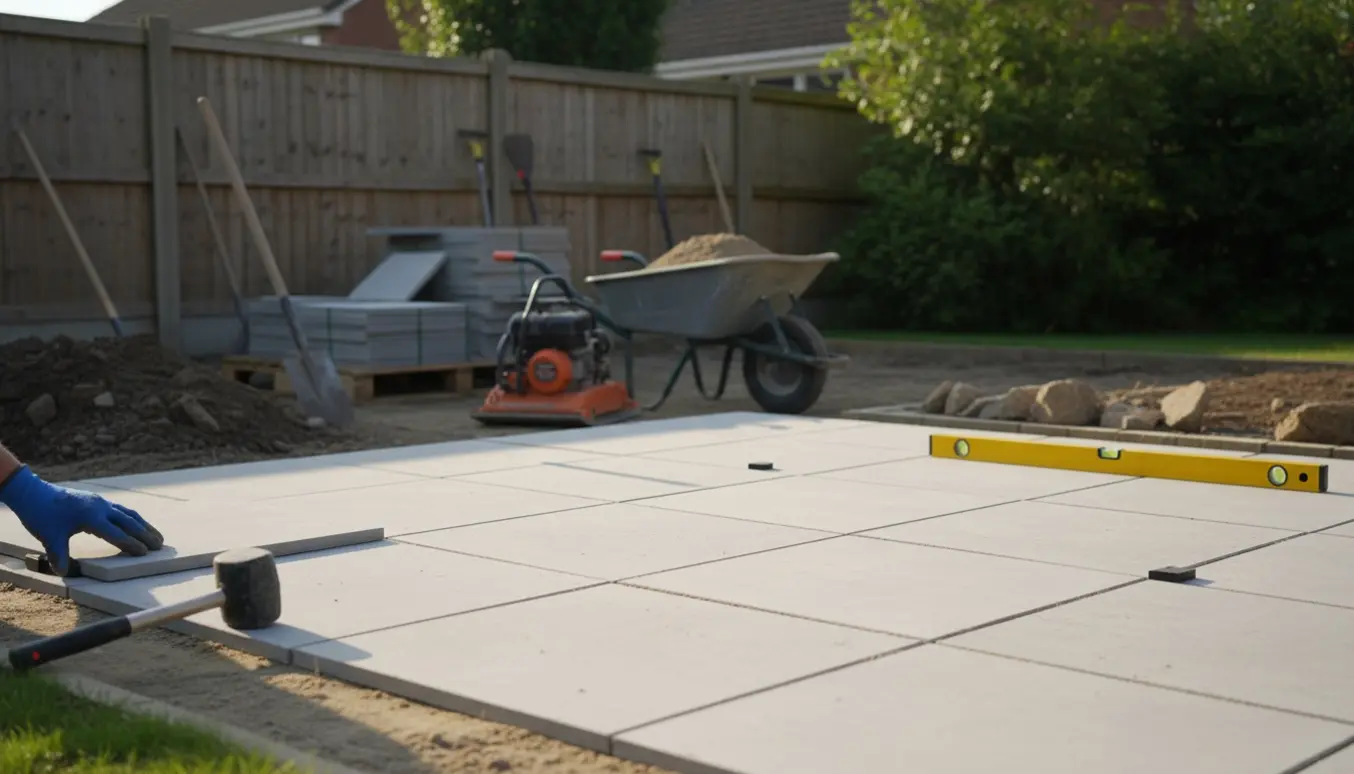 Ny omlagt terrasse med store firkantede fliser, værktøj og bunker af fliser i en baghave.