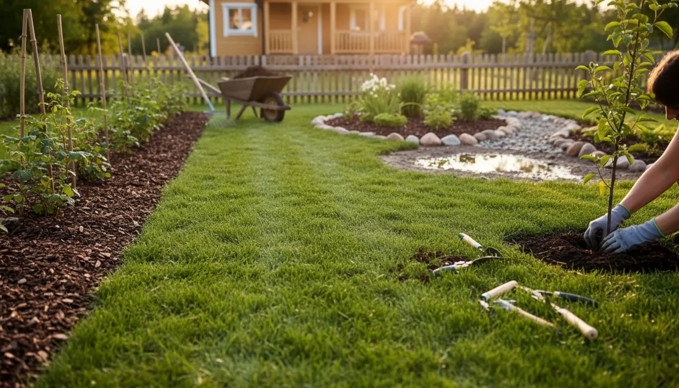 Sommerhusgrund med nyslået græs, plantning af frugttræ, bærbuske og en etableret vådområde-løsning i hjørnet.