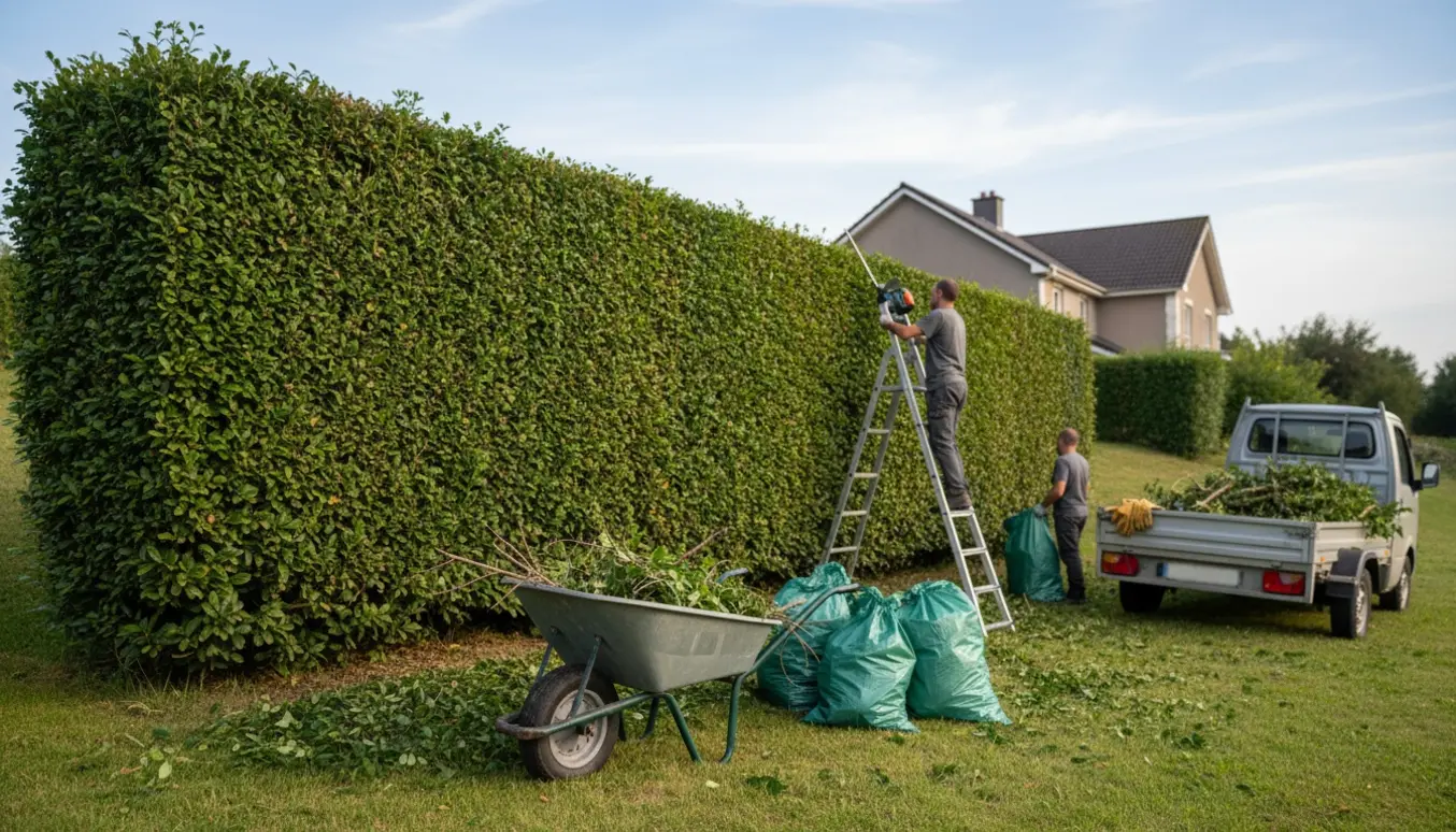 Ligusterhæk på en let skrånende have bliver klippet, med trillebør, affaldssække og trailer fyldt med afklip.