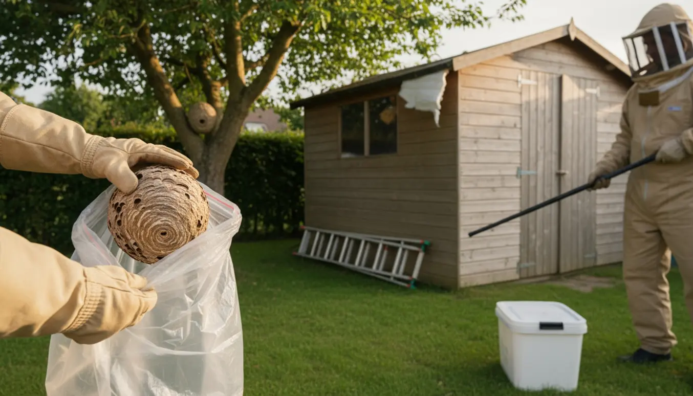 Person i beskyttelsesdragt fjerner et hvepsebo fra et redskabsskur, med et andet bo i et træ i baggrunden.