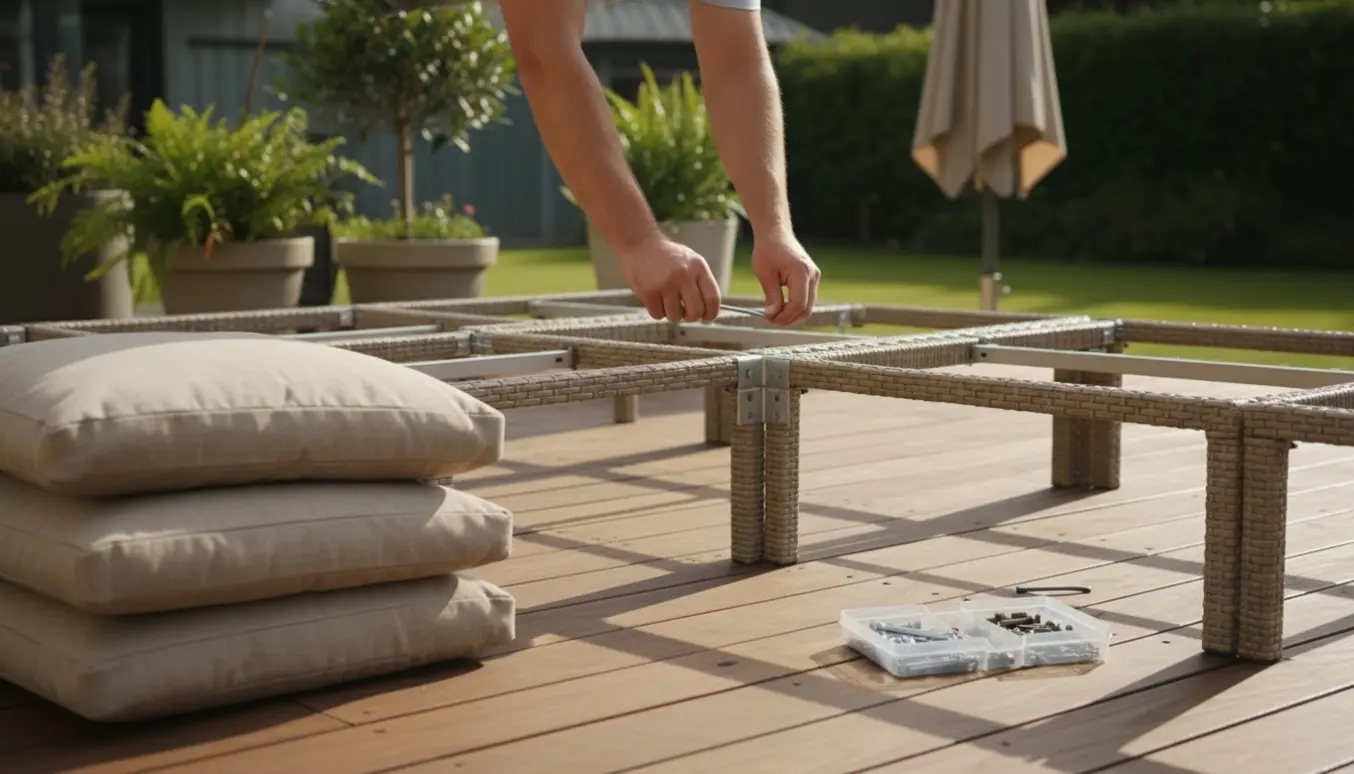 Hænder samler en lounge-havemøbel på en træterrasse med værktøj og puder.