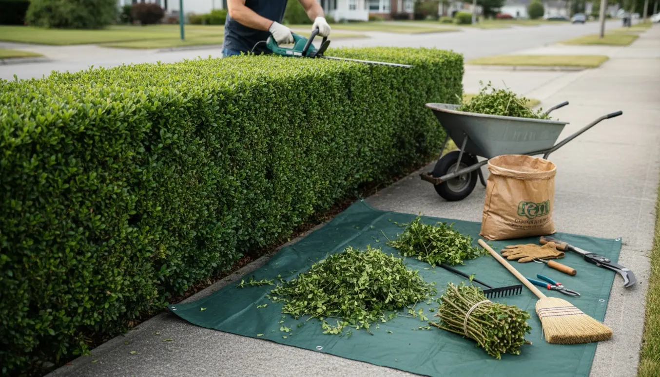 Nærbillede af hækkeklipning ved fortovet med opsamling af grenaffald og værktøj klar til bortskaffelse.