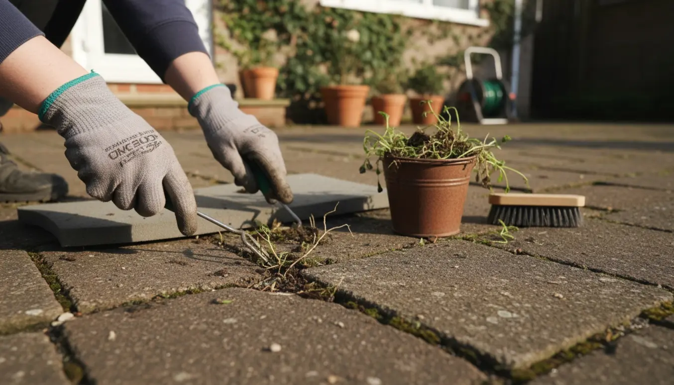 Nærbillede af hænder i handsker, der fjerner ukrudt mellem fliserne rundt om et hus.