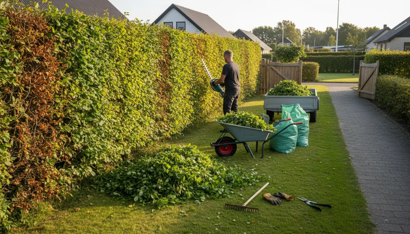 En gartner klipper en bøgehæk i en dansk have, mens hækkeaffald samles i trillebør og affaldssække.