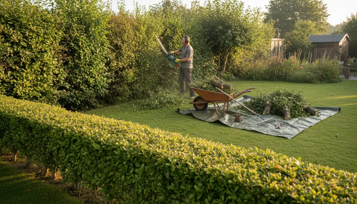 En havemand klipper lange hække og samler afklip i trillebør og på en presenning i blødt morgenlys.