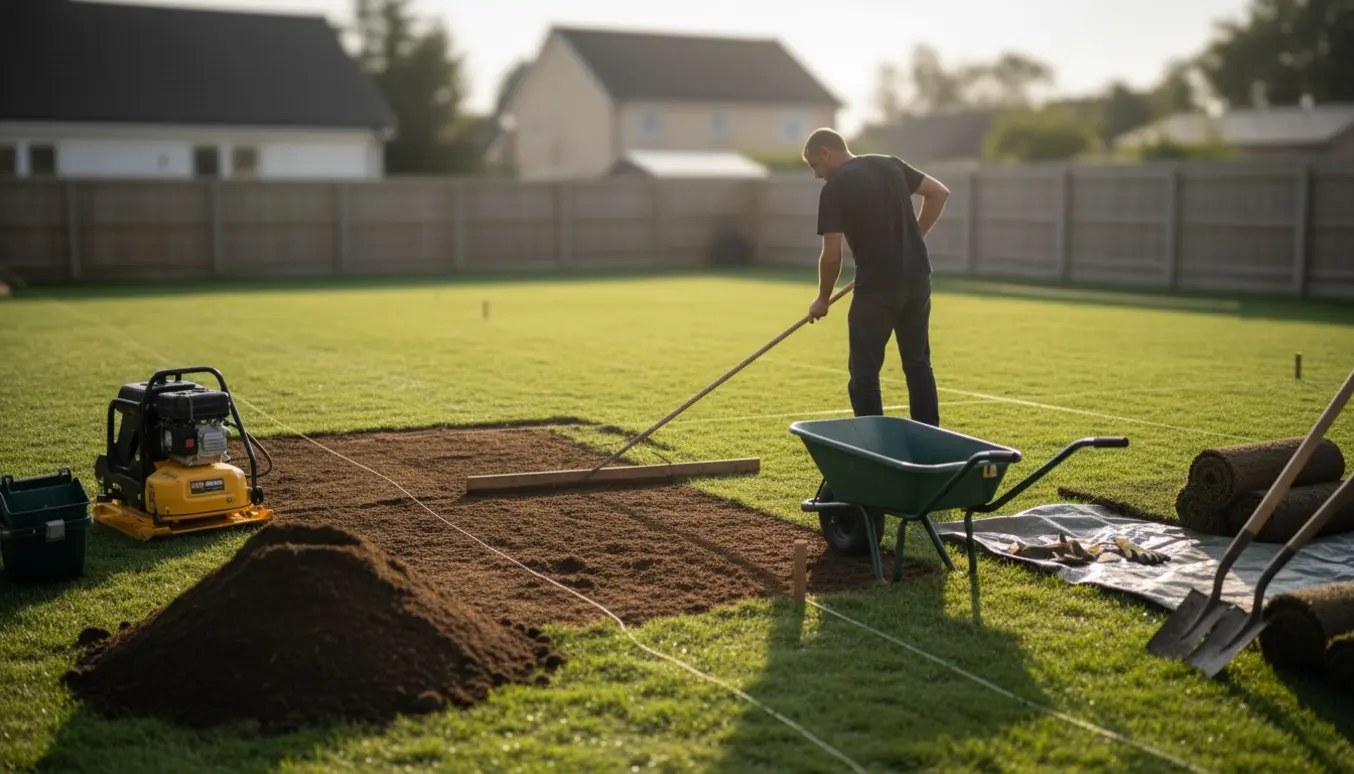 Person set bagfra glatter en stor græsplæne med rive, rulle og trillebør ved bunker af topjord.