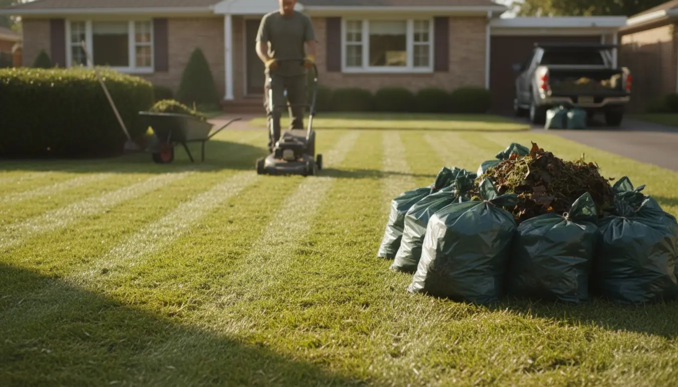Nyklippet græs ved et étplans parcelhus med en person set bagfra og omkring 12 sække haveaffald klar til afhentning.