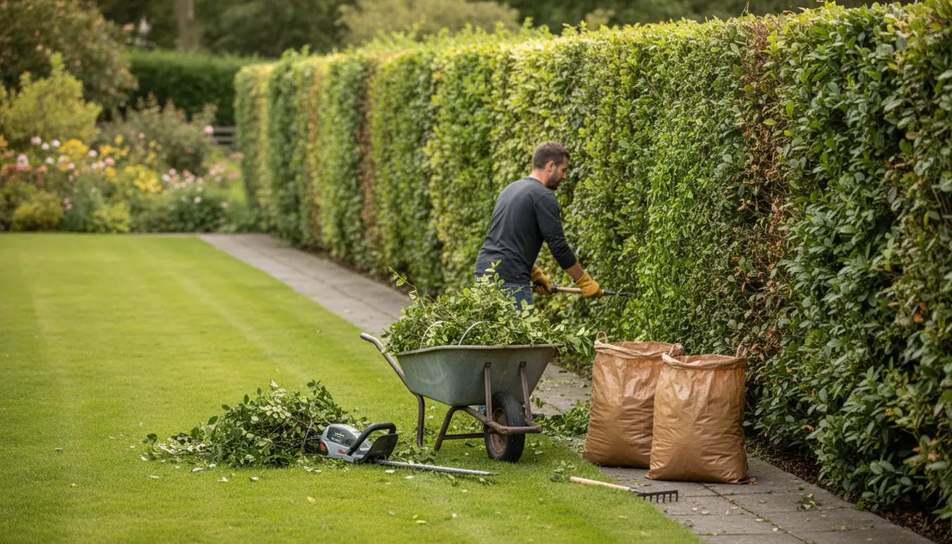 Person trimmer en høj, tæt hæk i en solrig have mens afklip fyldes i en trillebør til bortskaffelse.