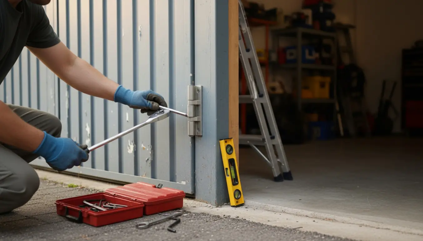 Hænder justerer hængslet på en hængende garage dobbeltdør med skruenøgle og værktøj.