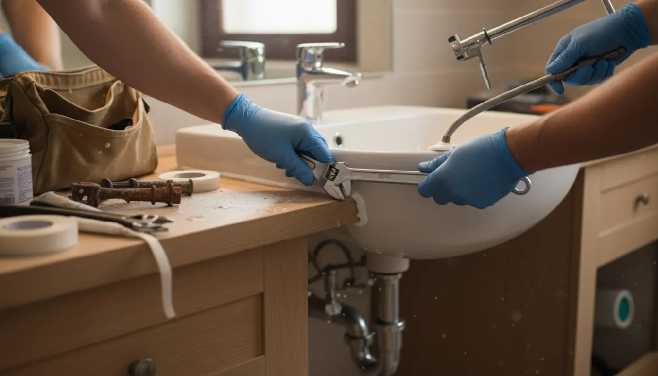 Håndværker installerer en ny håndvask i et badeværelse med værktøj og synlige rør.