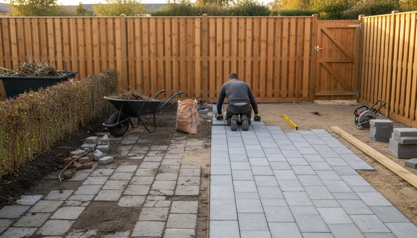 Ny have under renovering med nye 30×30 fliser, et tæt plankeværk og en åben havelåge ved siden af værktøj og jordbunker til bortskaffelse.