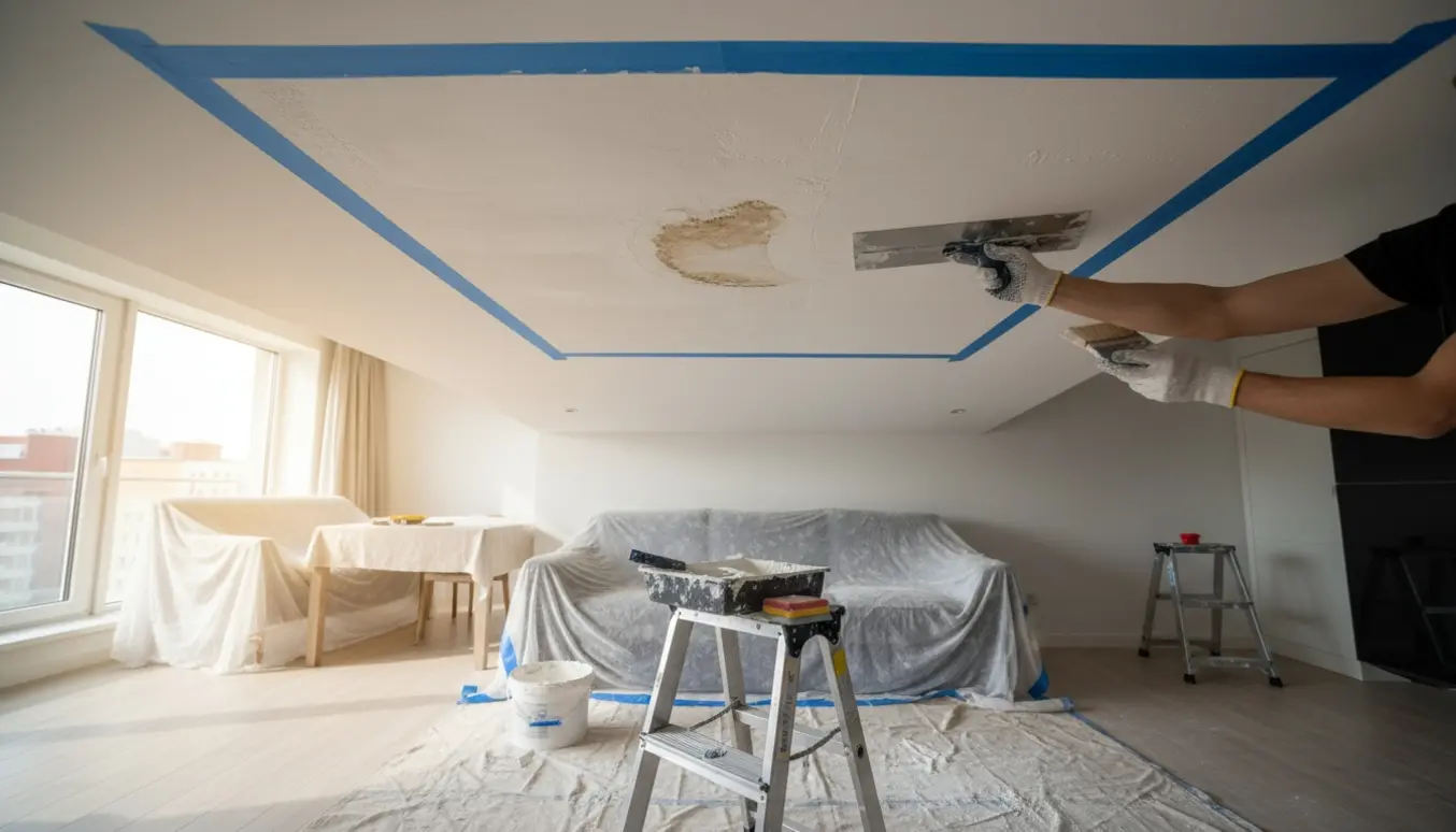 Loftreparation efter vandskade med spartel, afdækningsplast og malerværktøj i en lys lejlighed.