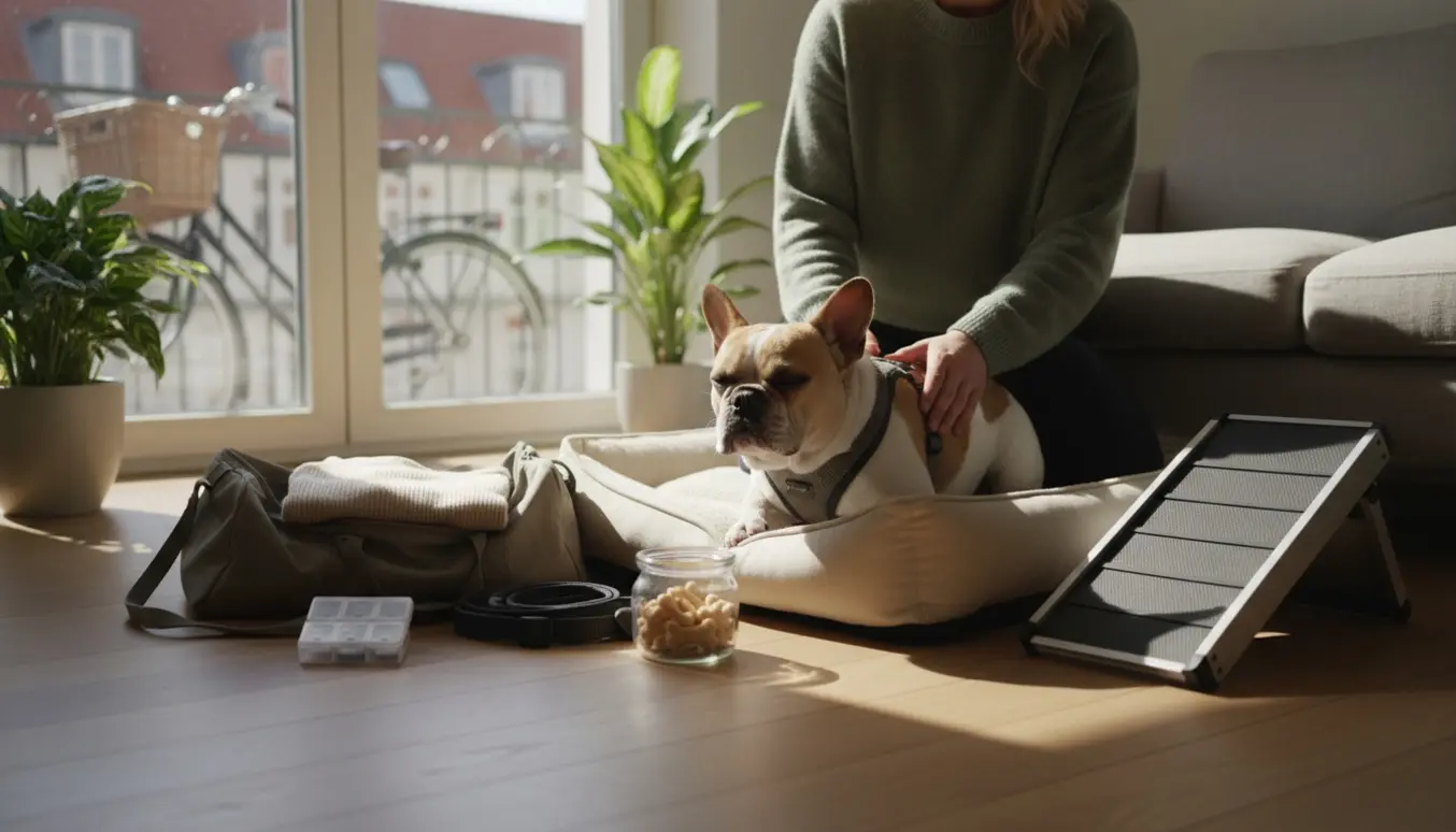 Fransk bulldog på en blød ortopædisk seng i en lys københavnsk stue, mens en omsorgsfuld person støtter dens ryg.