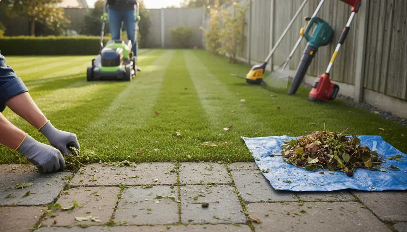 Nærbillede af græsslåning, fjernelse af ukrudt mellem fliser og opsamling af blade i en have.