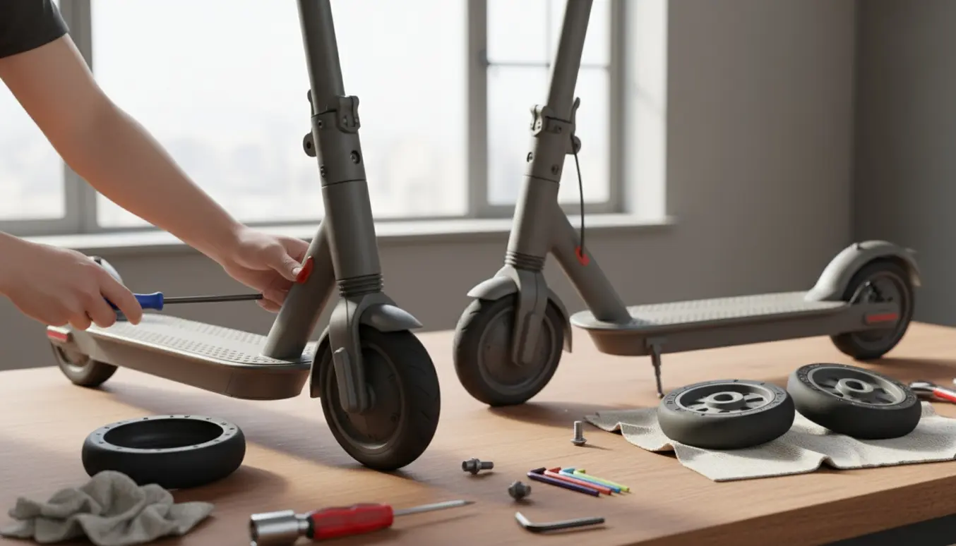 To hænder udskifter hjul på to foldbare el-løbehjul på et værkstedsbord med værktøj og nye plast/gummihjul.