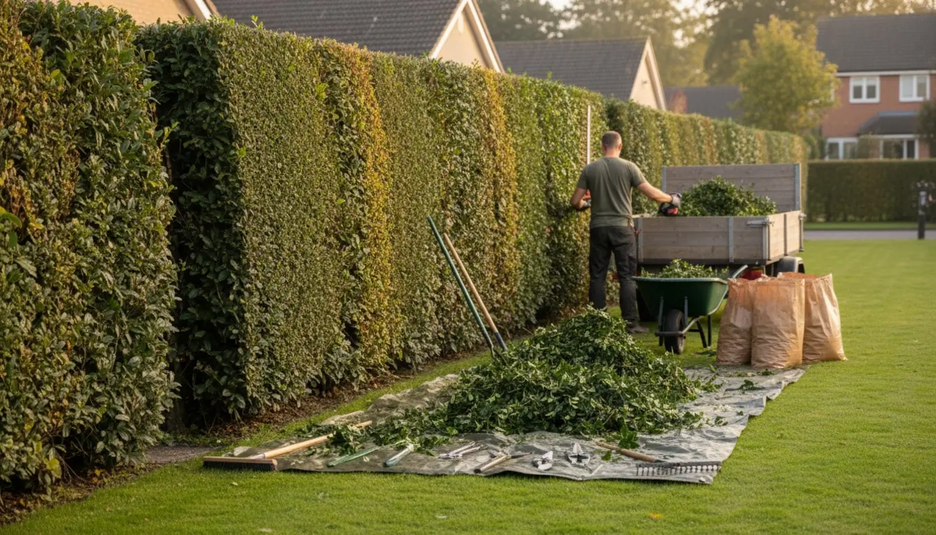 Lang hæk klippes på begge sider med bunker af afklip og trailer klar til bortkørsel.