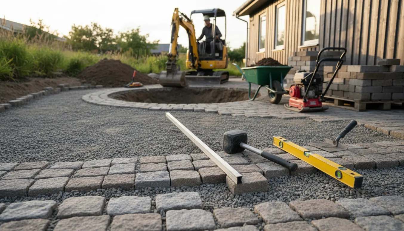 Delvist lagt belægning omkring et hus med minigraver, stabilgrus og bunker af herregårdsten.