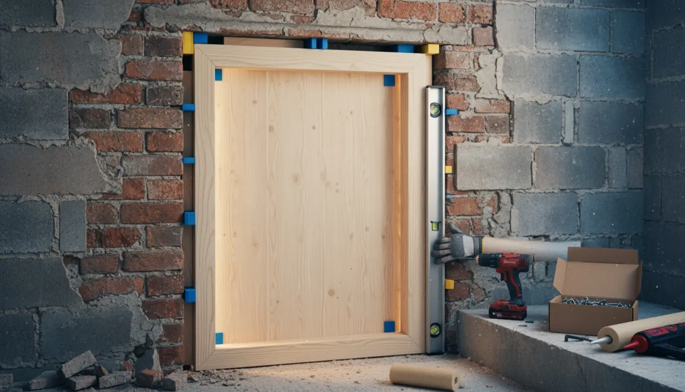 Trædør og karm isættes i en ujævn garagevæg med kiler, værktøj og materialer synlige.