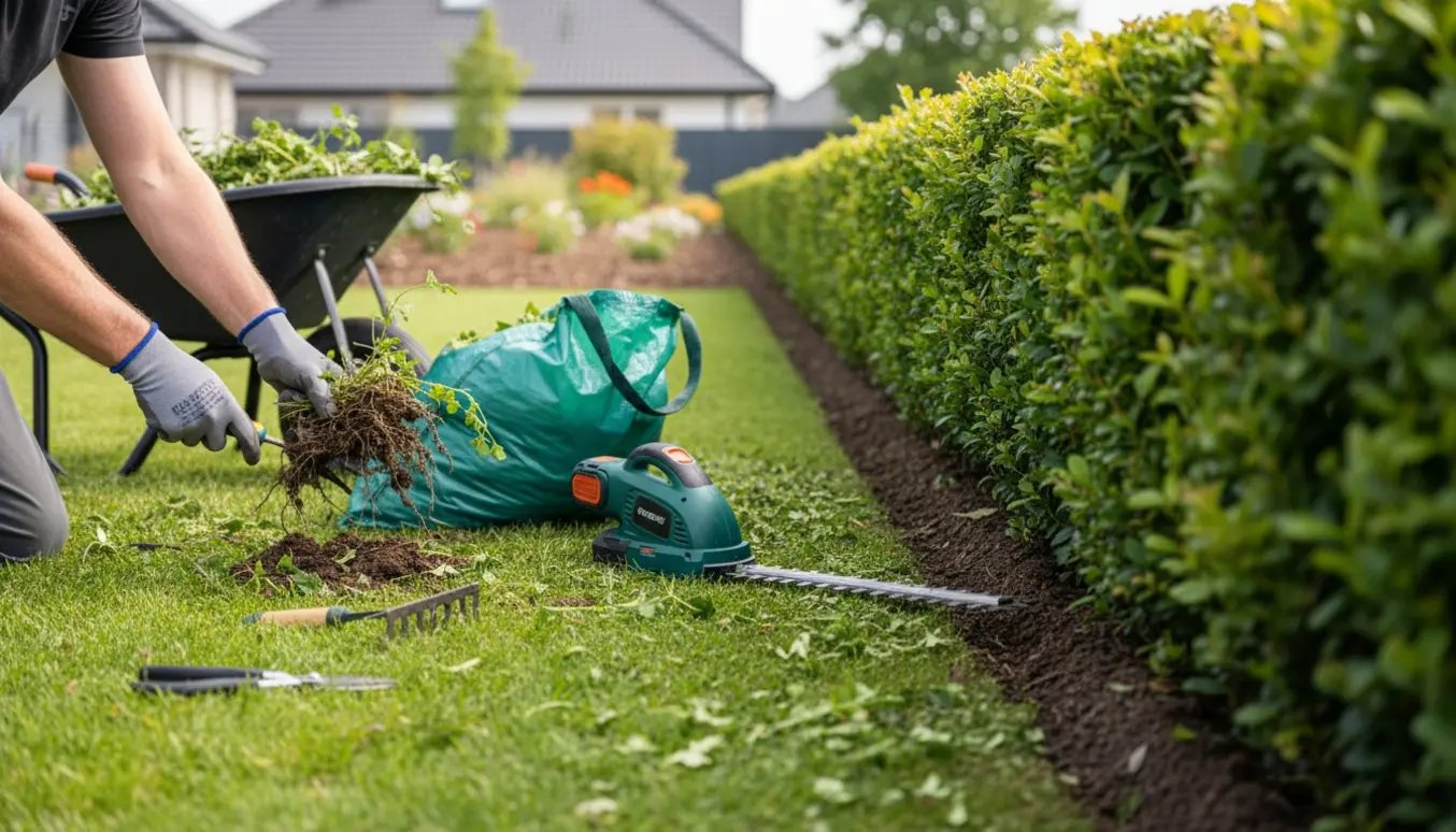 Glove‑klædte hænder beskærer kanten og fjerner ukrudt ved en ca. 1,5 år gammel hæk i en forhave.