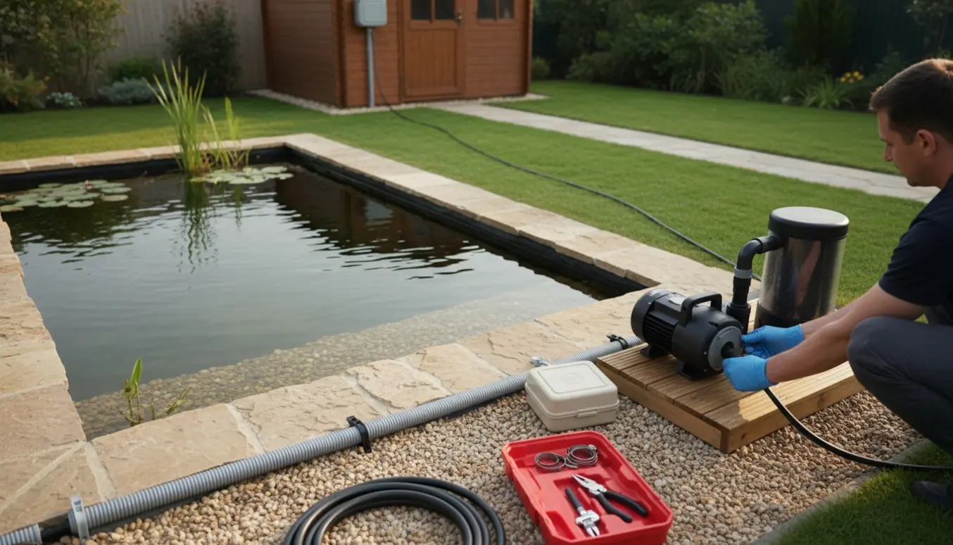 Ny pumpe og filter til en havedam forbindes med en vejrbestandig kabelinstallation langs damkanten.